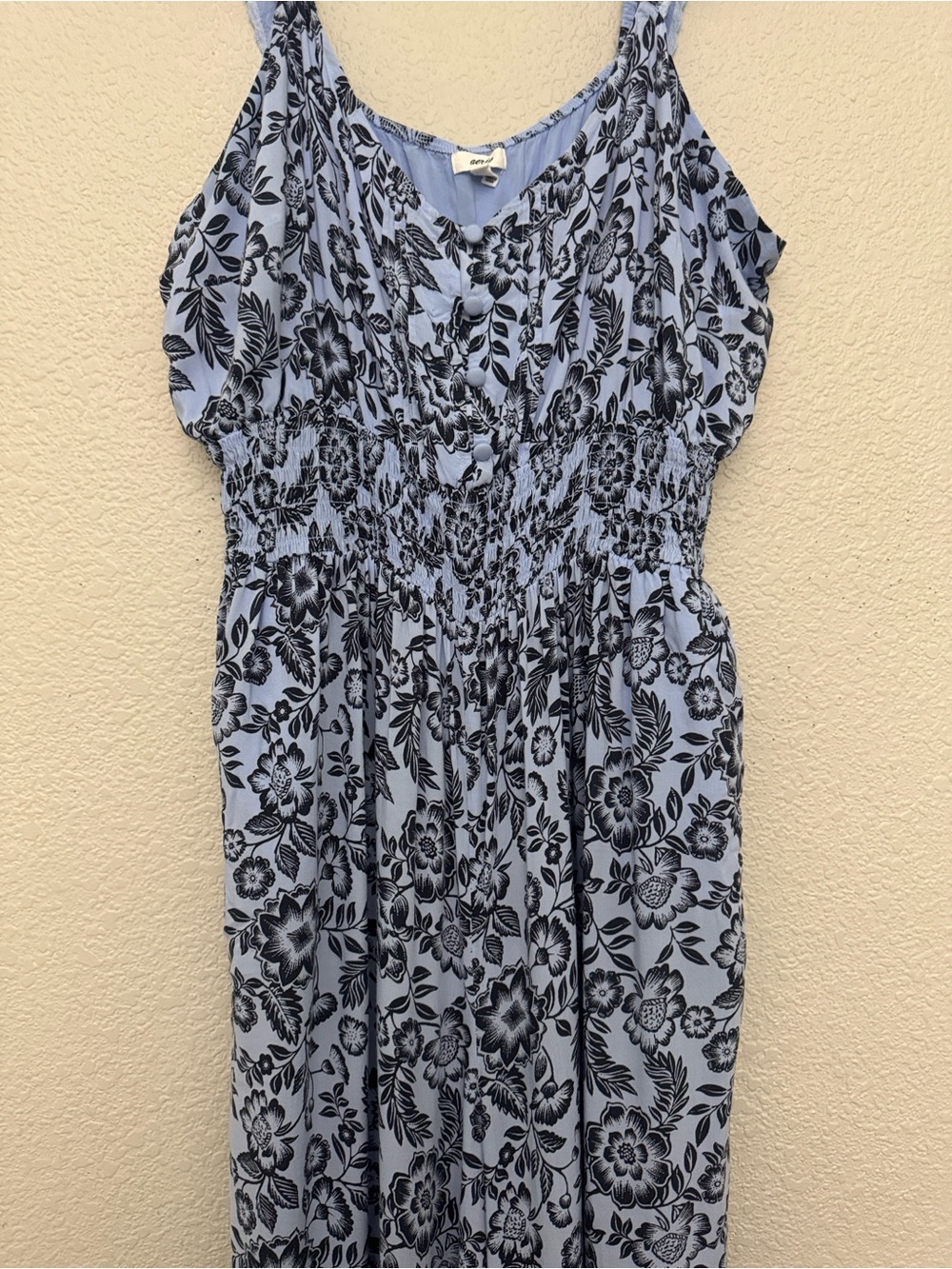 Aerie Blue Floral Smocked Wide Leg Jumpsuit Flowy Boho Pockets Size XL - Picture 3 of 15